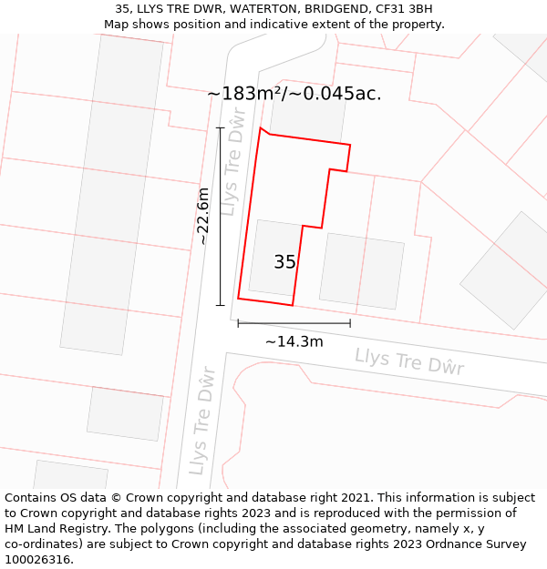 35, LLYS TRE DWR, WATERTON, BRIDGEND, CF31 3BH: Plot and title map