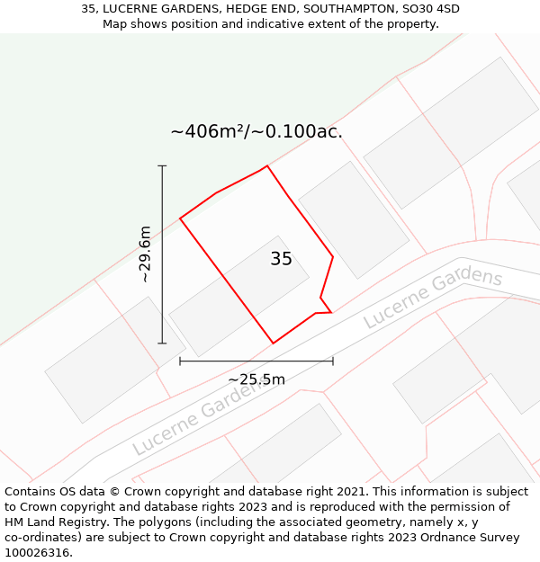 35, LUCERNE GARDENS, HEDGE END, SOUTHAMPTON, SO30 4SD: Plot and title map