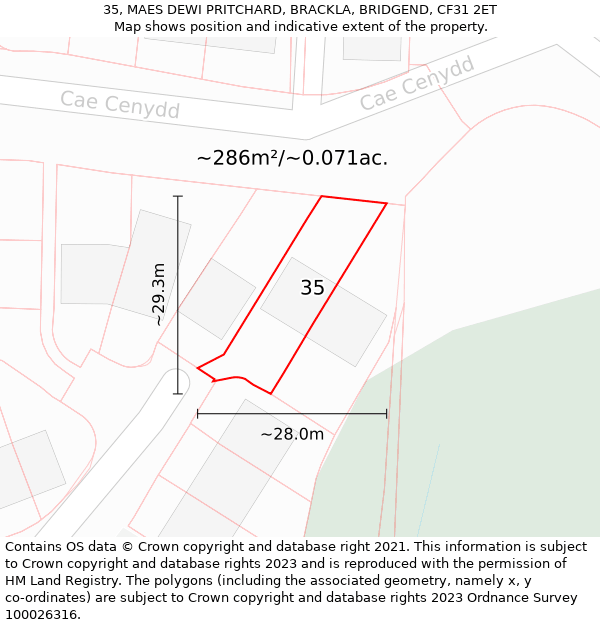 35, MAES DEWI PRITCHARD, BRACKLA, BRIDGEND, CF31 2ET: Plot and title map