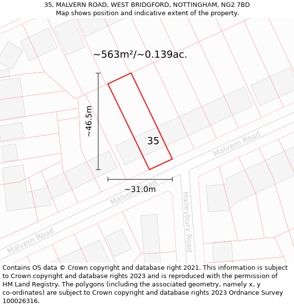 35, MALVERN ROAD, WEST BRIDGFORD, NOTTINGHAM, NG2 7BD: Plot and title map