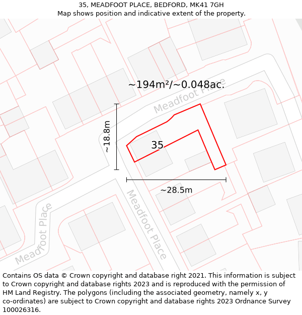 35, MEADFOOT PLACE, BEDFORD, MK41 7GH: Plot and title map