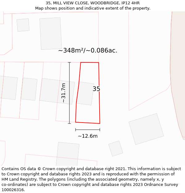 35, MILL VIEW CLOSE, WOODBRIDGE, IP12 4HR: Plot and title map