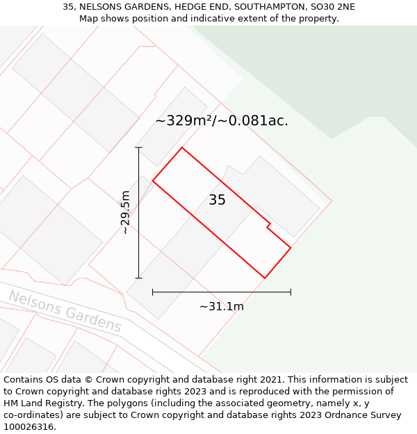 35, NELSONS GARDENS, HEDGE END, SOUTHAMPTON, SO30 2NE: Plot and title map