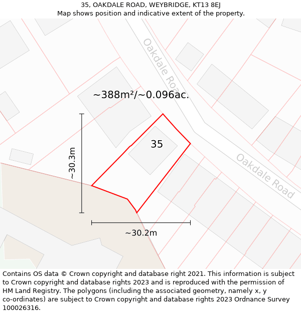 35, OAKDALE ROAD, WEYBRIDGE, KT13 8EJ: Plot and title map