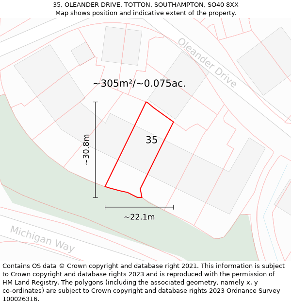 35, OLEANDER DRIVE, TOTTON, SOUTHAMPTON, SO40 8XX: Plot and title map