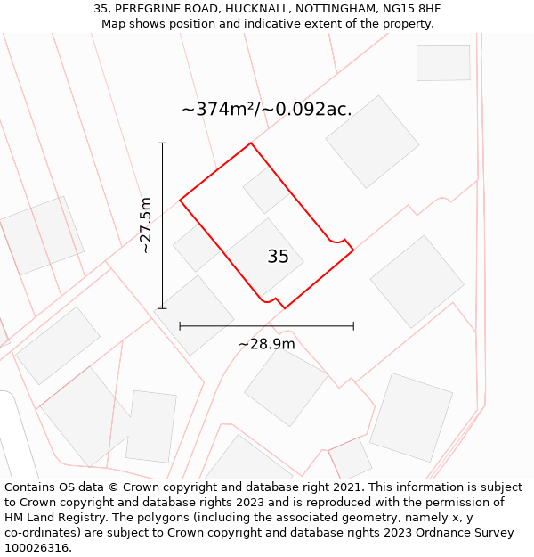 35, PEREGRINE ROAD, HUCKNALL, NOTTINGHAM, NG15 8HF: Plot and title map