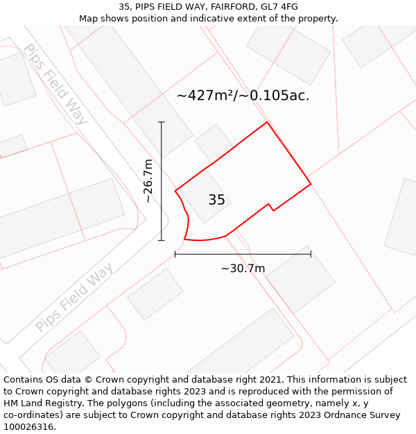 35, PIPS FIELD WAY, FAIRFORD, GL7 4FG: Plot and title map