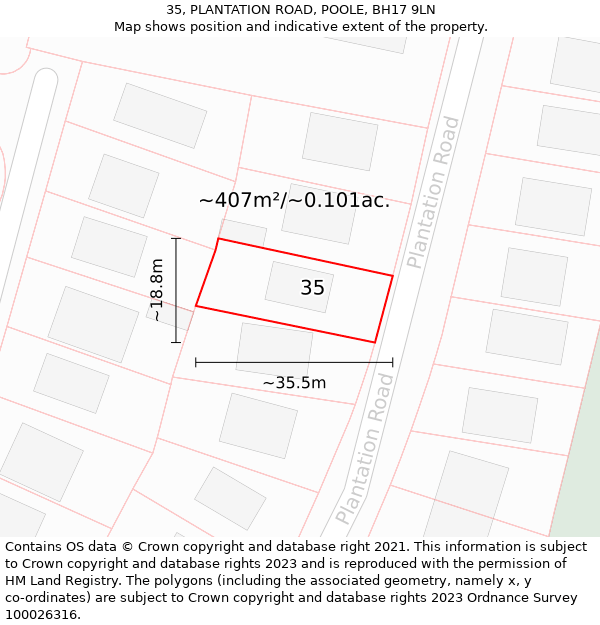 35, PLANTATION ROAD, POOLE, BH17 9LN: Plot and title map