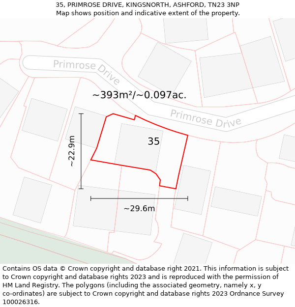 35, PRIMROSE DRIVE, KINGSNORTH, ASHFORD, TN23 3NP: Plot and title map