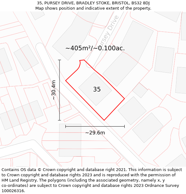 35, PURSEY DRIVE, BRADLEY STOKE, BRISTOL, BS32 8DJ: Plot and title map