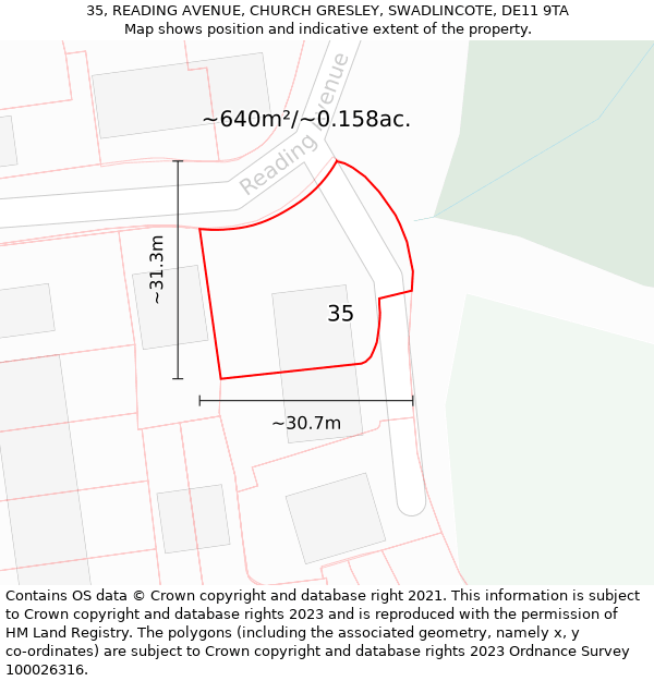 35, READING AVENUE, CHURCH GRESLEY, SWADLINCOTE, DE11 9TA: Plot and title map