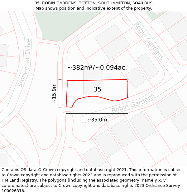 35, ROBIN GARDENS, TOTTON, SOUTHAMPTON, SO40 8US: Plot and title map