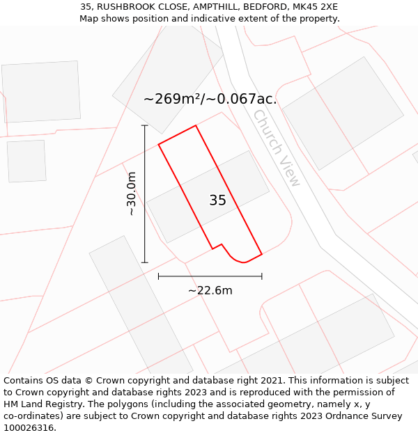 35, RUSHBROOK CLOSE, AMPTHILL, BEDFORD, MK45 2XE: Plot and title map