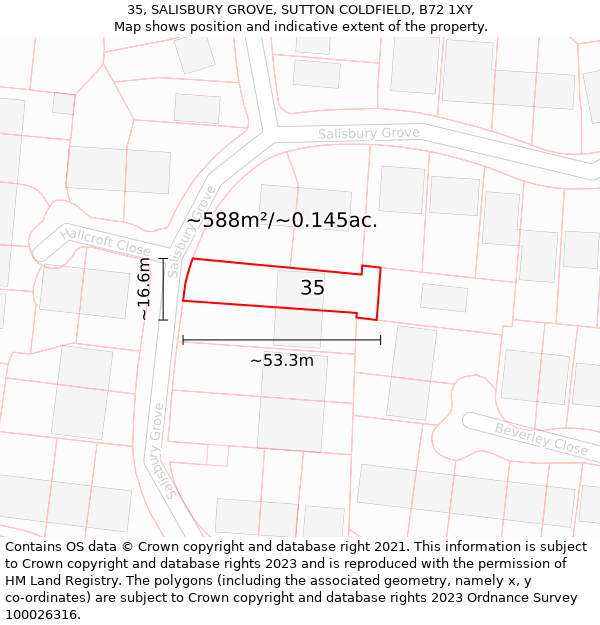 35, SALISBURY GROVE, SUTTON COLDFIELD, B72 1XY: Plot and title map