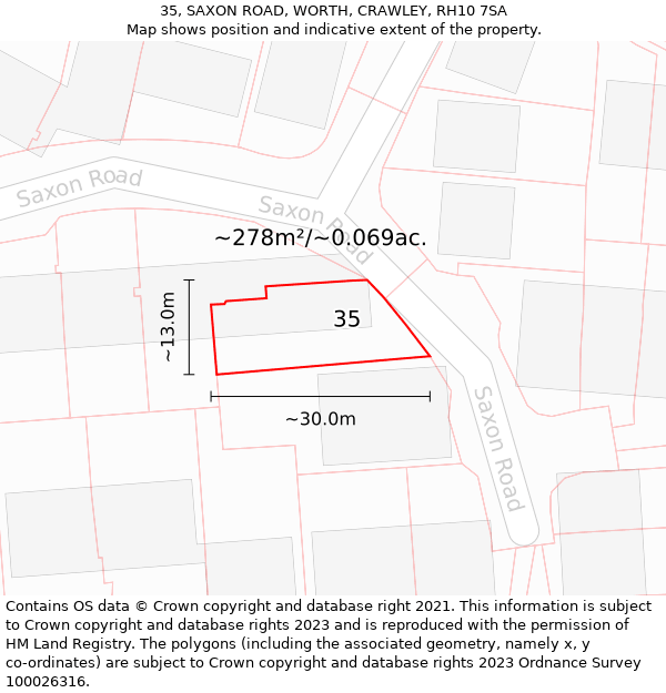 35, SAXON ROAD, WORTH, CRAWLEY, RH10 7SA: Plot and title map