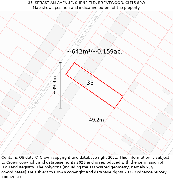 35, SEBASTIAN AVENUE, SHENFIELD, BRENTWOOD, CM15 8PW: Plot and title map