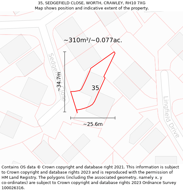 35, SEDGEFIELD CLOSE, WORTH, CRAWLEY, RH10 7XG: Plot and title map
