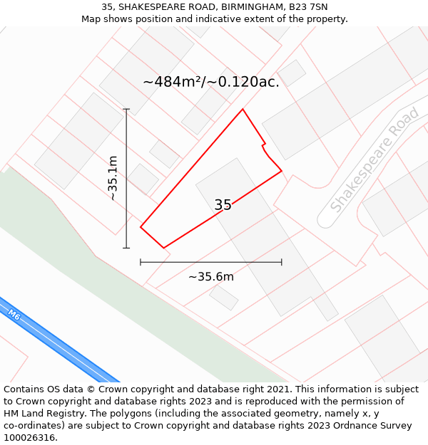 35, SHAKESPEARE ROAD, BIRMINGHAM, B23 7SN: Plot and title map