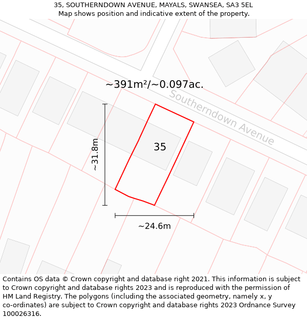 35, SOUTHERNDOWN AVENUE, MAYALS, SWANSEA, SA3 5EL: Plot and title map