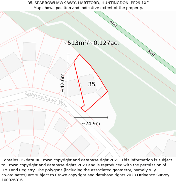 35, SPARROWHAWK WAY, HARTFORD, HUNTINGDON, PE29 1XE: Plot and title map