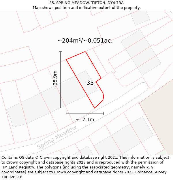 35, SPRING MEADOW, TIPTON, DY4 7BA: Plot and title map