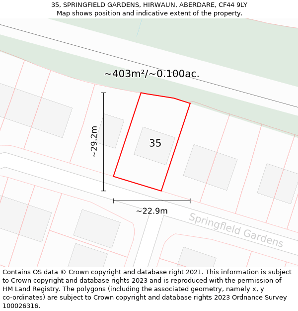 35, SPRINGFIELD GARDENS, HIRWAUN, ABERDARE, CF44 9LY: Plot and title map