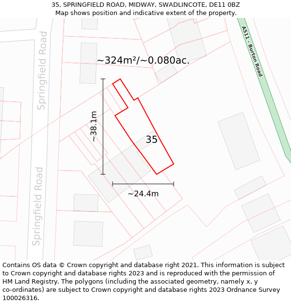 35, SPRINGFIELD ROAD, MIDWAY, SWADLINCOTE, DE11 0BZ: Plot and title map