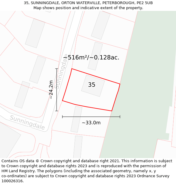 35, SUNNINGDALE, ORTON WATERVILLE, PETERBOROUGH, PE2 5UB: Plot and title map