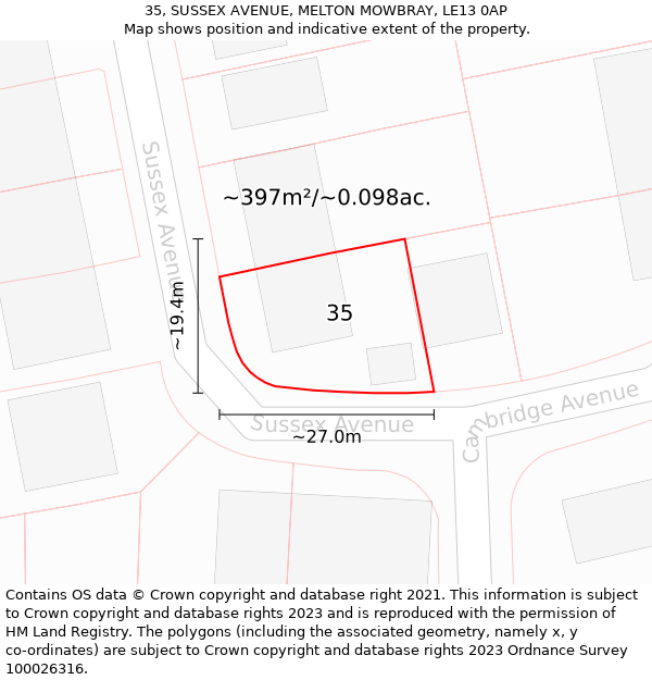 35, SUSSEX AVENUE, MELTON MOWBRAY, LE13 0AP: Plot and title map