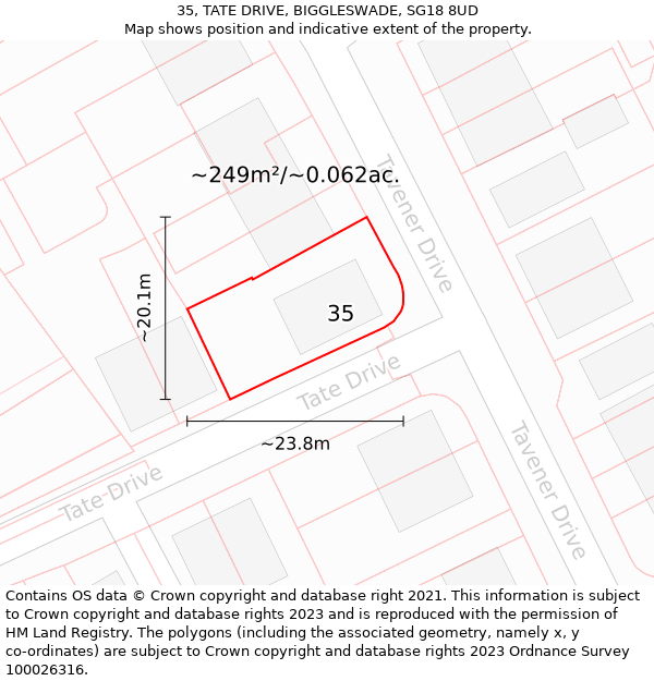 35, TATE DRIVE, BIGGLESWADE, SG18 8UD: Plot and title map