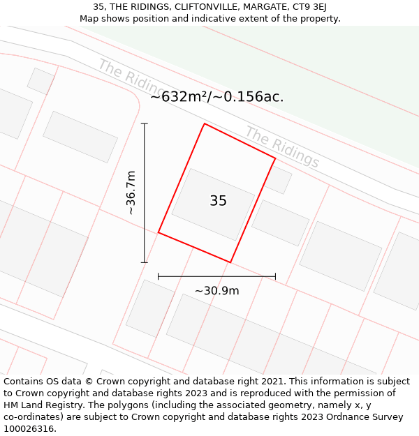 35, THE RIDINGS, CLIFTONVILLE, MARGATE, CT9 3EJ: Plot and title map