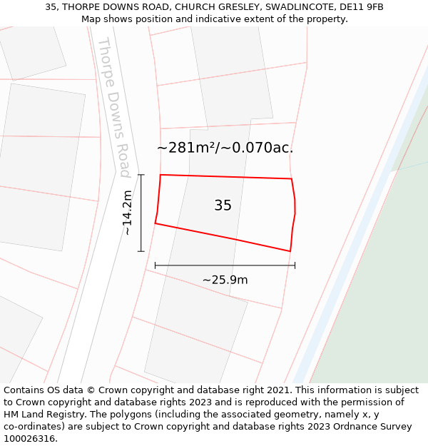 35, THORPE DOWNS ROAD, CHURCH GRESLEY, SWADLINCOTE, DE11 9FB: Plot and title map