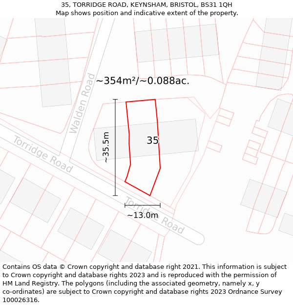 35, TORRIDGE ROAD, KEYNSHAM, BRISTOL, BS31 1QH: Plot and title map