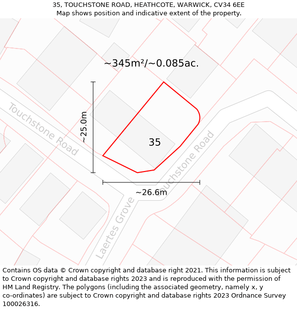 35, TOUCHSTONE ROAD, HEATHCOTE, WARWICK, CV34 6EE: Plot and title map