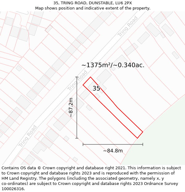 35, TRING ROAD, DUNSTABLE, LU6 2PX: Plot and title map