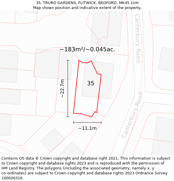 35, TRURO GARDENS, FLITWICK, BEDFORD, MK45 1UH: Plot and title map