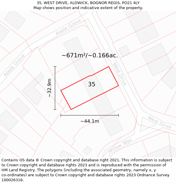 35, WEST DRIVE, ALDWICK, BOGNOR REGIS, PO21 4LY: Plot and title map