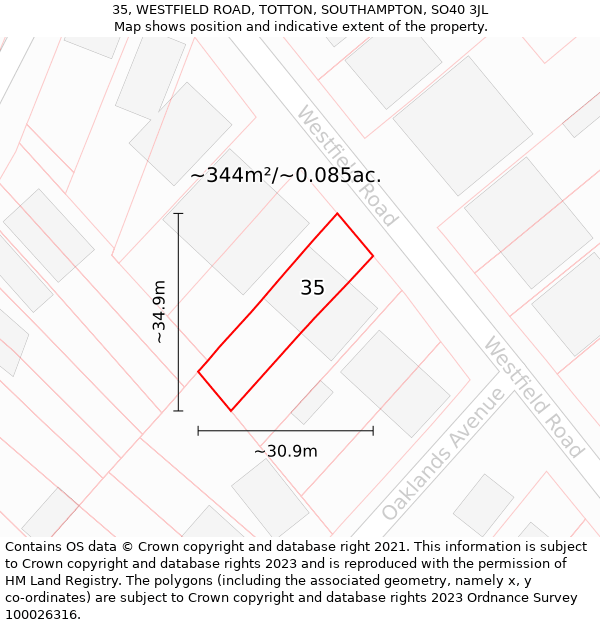 35, WESTFIELD ROAD, TOTTON, SOUTHAMPTON, SO40 3JL: Plot and title map