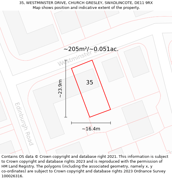 35, WESTMINSTER DRIVE, CHURCH GRESLEY, SWADLINCOTE, DE11 9RX: Plot and title map