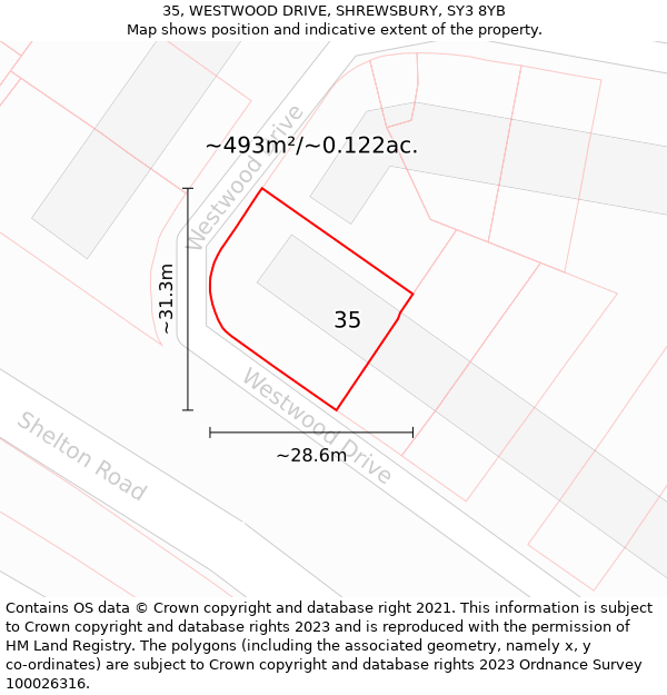 35, WESTWOOD DRIVE, SHREWSBURY, SY3 8YB: Plot and title map