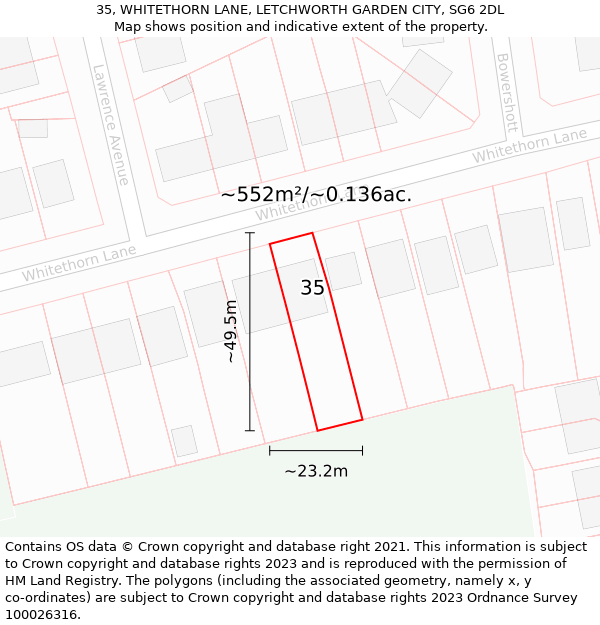 35, WHITETHORN LANE, LETCHWORTH GARDEN CITY, SG6 2DL: Plot and title map