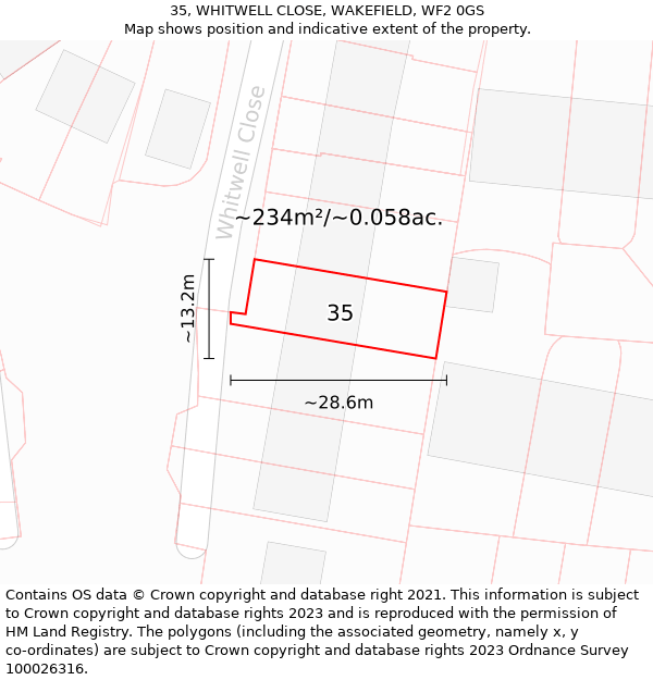 35, WHITWELL CLOSE, WAKEFIELD, WF2 0GS: Plot and title map