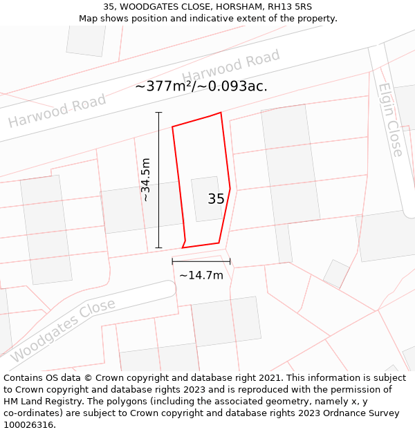 35, WOODGATES CLOSE, HORSHAM, RH13 5RS: Plot and title map
