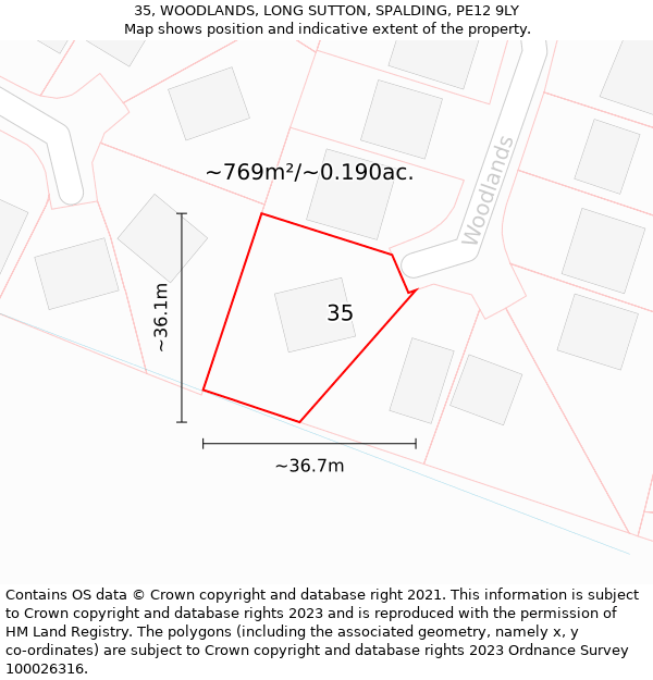 35, WOODLANDS, LONG SUTTON, SPALDING, PE12 9LY: Plot and title map