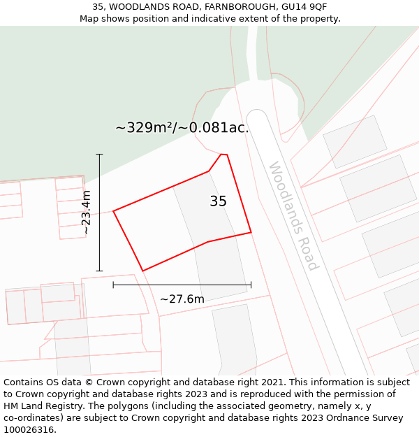 35, WOODLANDS ROAD, FARNBOROUGH, GU14 9QF: Plot and title map