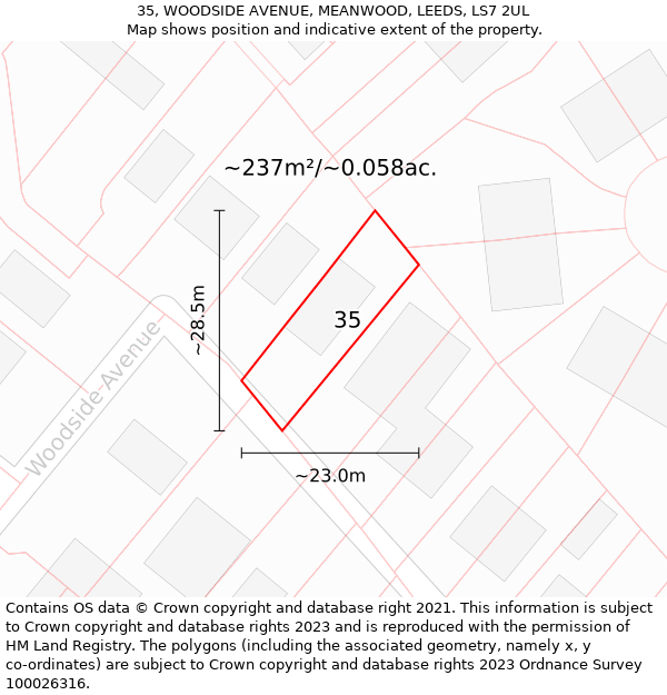 35, WOODSIDE AVENUE, MEANWOOD, LEEDS, LS7 2UL: Plot and title map