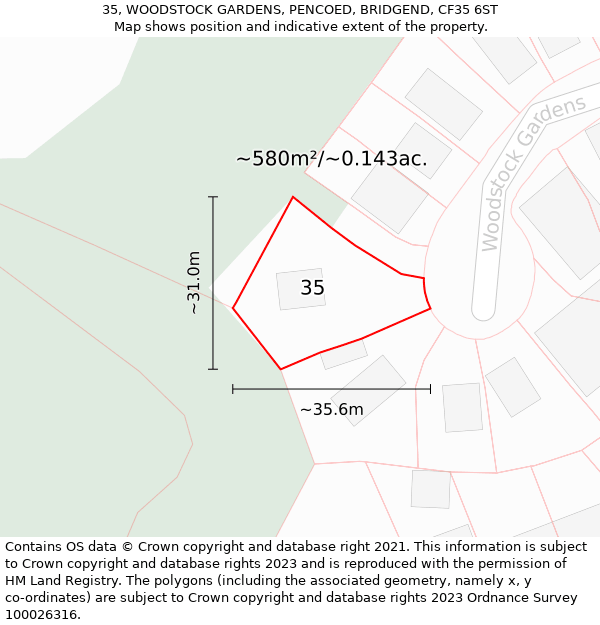 35, WOODSTOCK GARDENS, PENCOED, BRIDGEND, CF35 6ST: Plot and title map