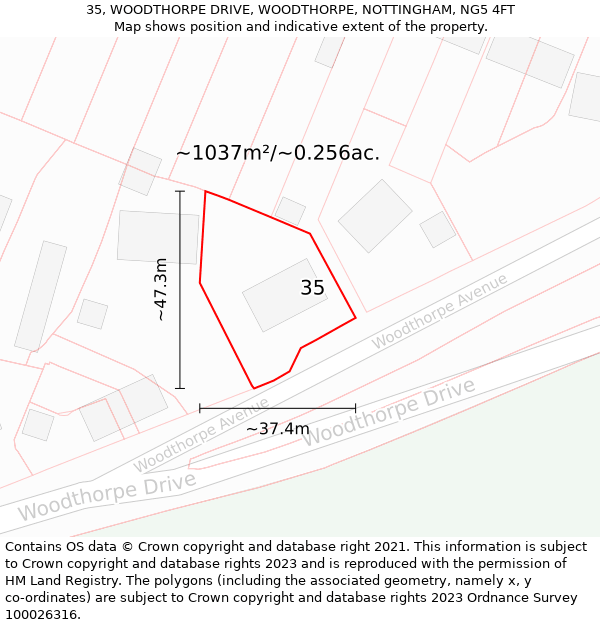 35, WOODTHORPE DRIVE, WOODTHORPE, NOTTINGHAM, NG5 4FT: Plot and title map