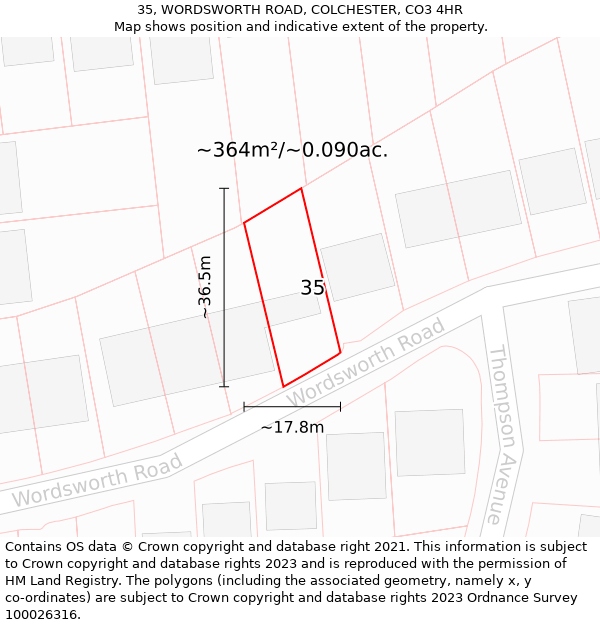 35, WORDSWORTH ROAD, COLCHESTER, CO3 4HR: Plot and title map