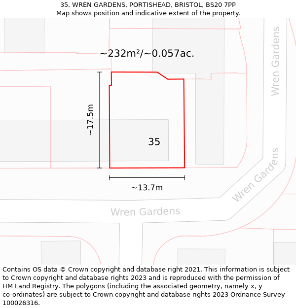 35, WREN GARDENS, PORTISHEAD, BRISTOL, BS20 7PP: Plot and title map